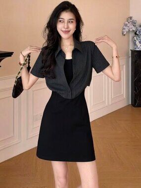 Faux Two-Piece A-Line Pinstripe Short Sleeve Mini Dress Black/Grey L / Asian 2XL